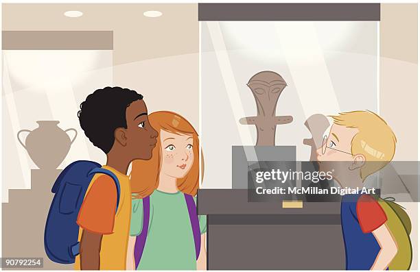 children looking at display in museum - girl blonde hair with glasses stock illustrations