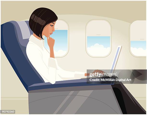 woman using laptop on airplane - hand on chin stock illustrations