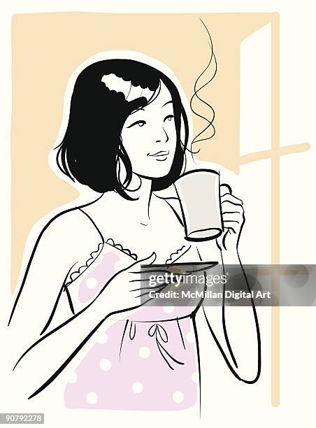 woman drinking coffee - drinking coffee close up stock illustrations