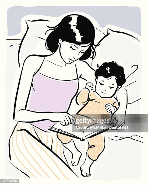 mother reading book to child - boys bedroom stock illustrations
