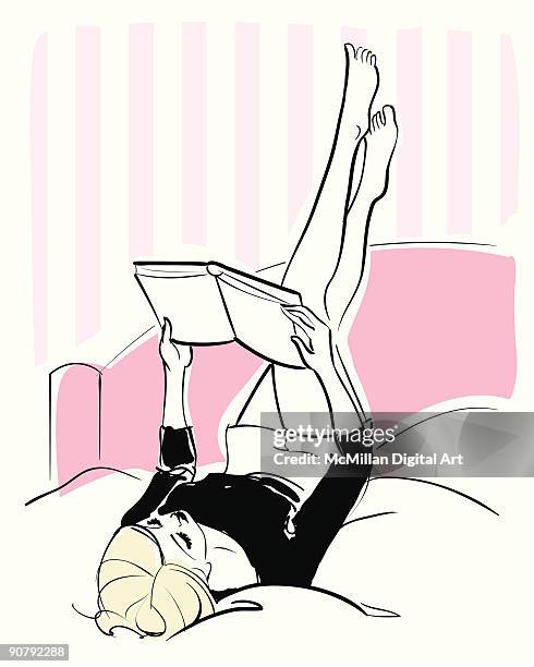 woman lying on bed, reading book - person lying on back stock illustrations