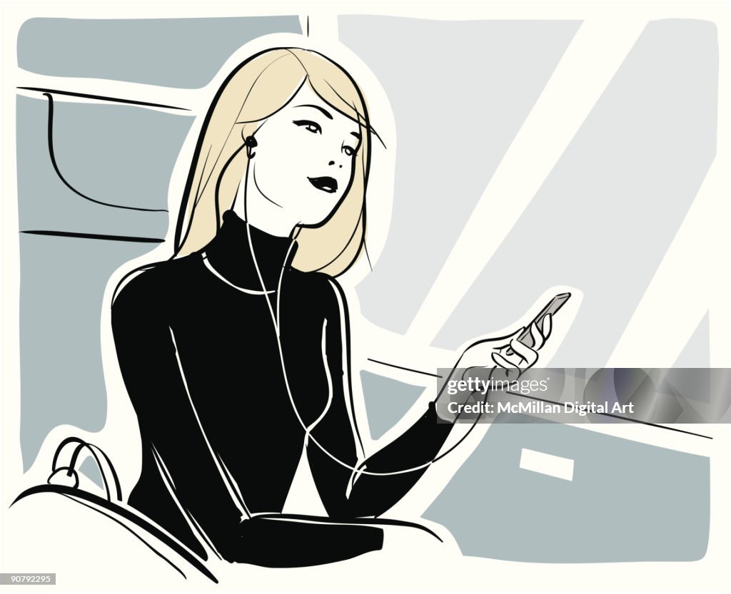 Woman listening to MP3 player on train