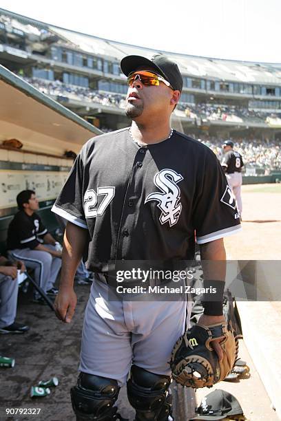 Ramon Castro of the Chicago White Sox in the dugout during the game against the Oakland Athletics at the Oakland Coliseum in Oakland, California on...