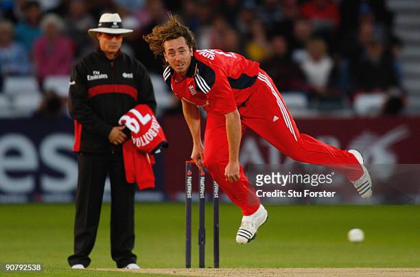 Umpire Richard Kettleborough, in his first international, looks on as Ryan Sidebottom bowls during the 5th NatWest ODI between England and Australia...