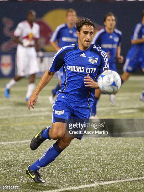 Josh Wolff of the Kansas City Wizards plays the ball against the New York Red Bulls during their game at Giants Stadium on September 12, 2009 in East...