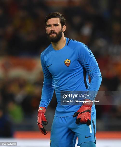 Alisson Becker of AS Roma in action during the serie A match between AS Roma and Atalanta BC at Stadio Olimpico on January 6, 2018 in Rome, Italy.