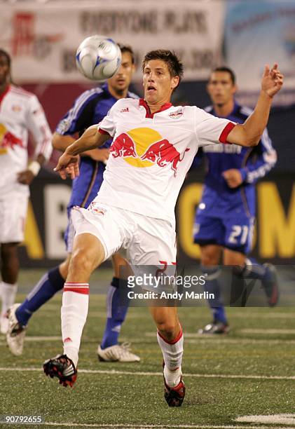 Andrew Boyens of the New York Red Bulls plays the ball against the Kansas City Wizards during their game at Giants Stadium on September 12, 2009 in...