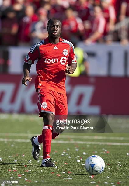 Defender Nana Attakora-Gyan of the Toronto FC controls the ball during the match against the Colorado Rapids at BMO Field on September 12, 2009 in...