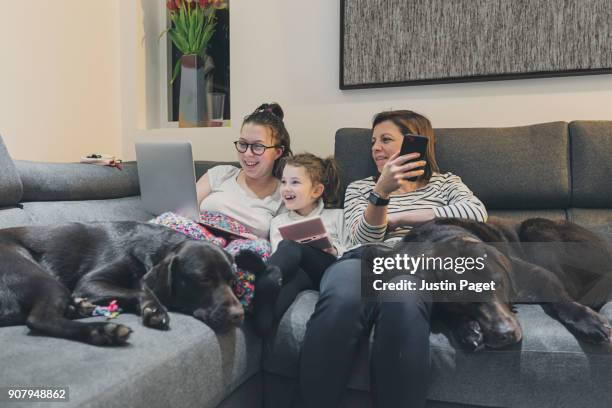 family on sofa with dogs - mann frau hund zuhause stock-fotos und bilder