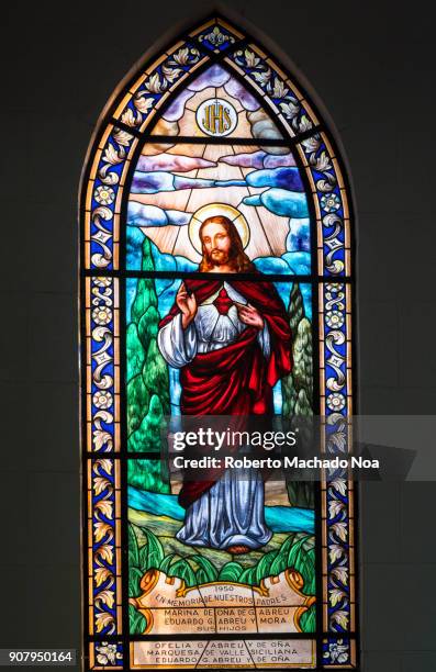 santa clara, cuba: saint claire of assisi catholic cathedral, stained glass window - santa clara cuba stock pictures, royalty-free photos & images