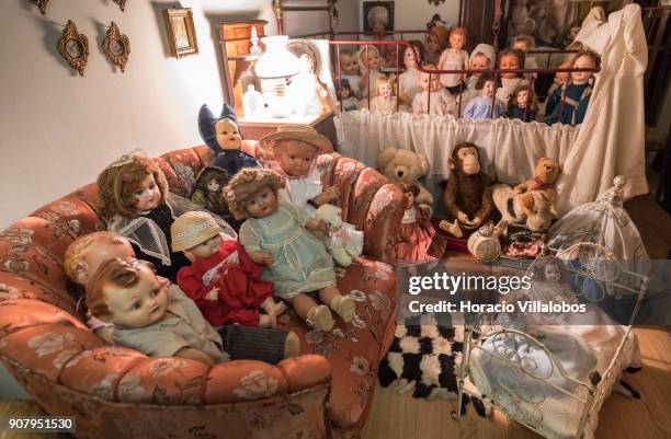 Dolls are seen at the museum area of the "Hospital de Bonecas" on January 18, 2018 in Lisbon, Portugal. Started in 1830 by Dona Carlota, an old lady...