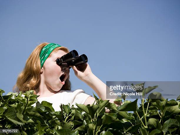 girl looking over a hedge with binoculars - nosey neighbor stock-fotos und bilder