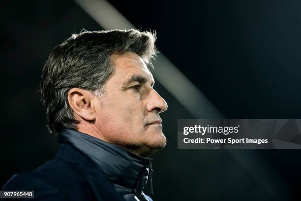 Coach Jose Miguel Gonzalez Martin del Campo, Michel, of Malaga CF prior to the La Liga 2017-18 match between Getafe CF and Malaga CF at Coliseum...