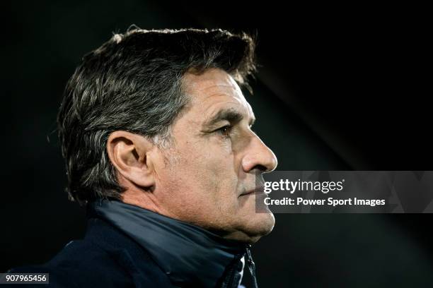 Coach Jose Miguel Gonzalez Martin del Campo, Michel, of Malaga CF prior to the La Liga 2017-18 match between Getafe CF and Malaga CF at Coliseum...