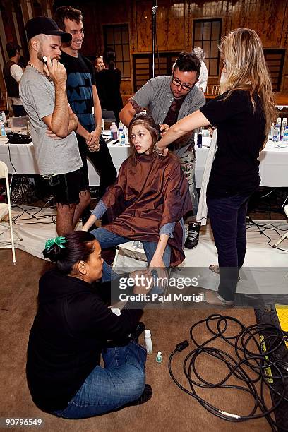 Model is readied backstage at Jill Stuart Spring 2010 during Mercedes-Benz Fashion Week at Astor Hall on September 14, 2009 in New York City.