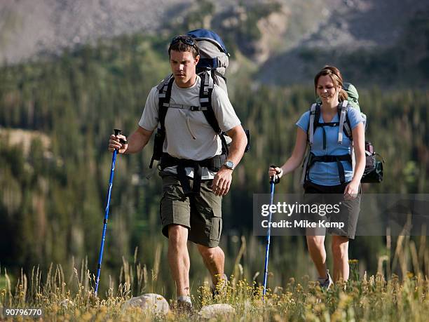 backpackers hiking through the wilderness - alta utah stock pictures, royalty-free photos & images