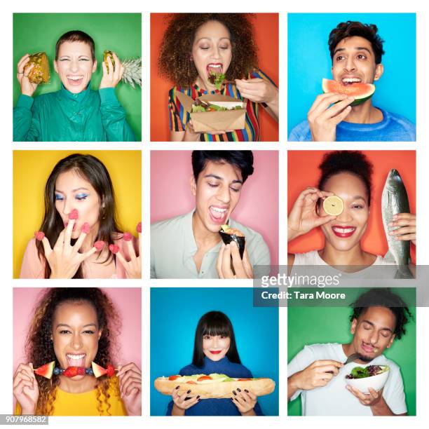 composite image of people eating healthy food - eating food happy fotografías e imágenes de stock