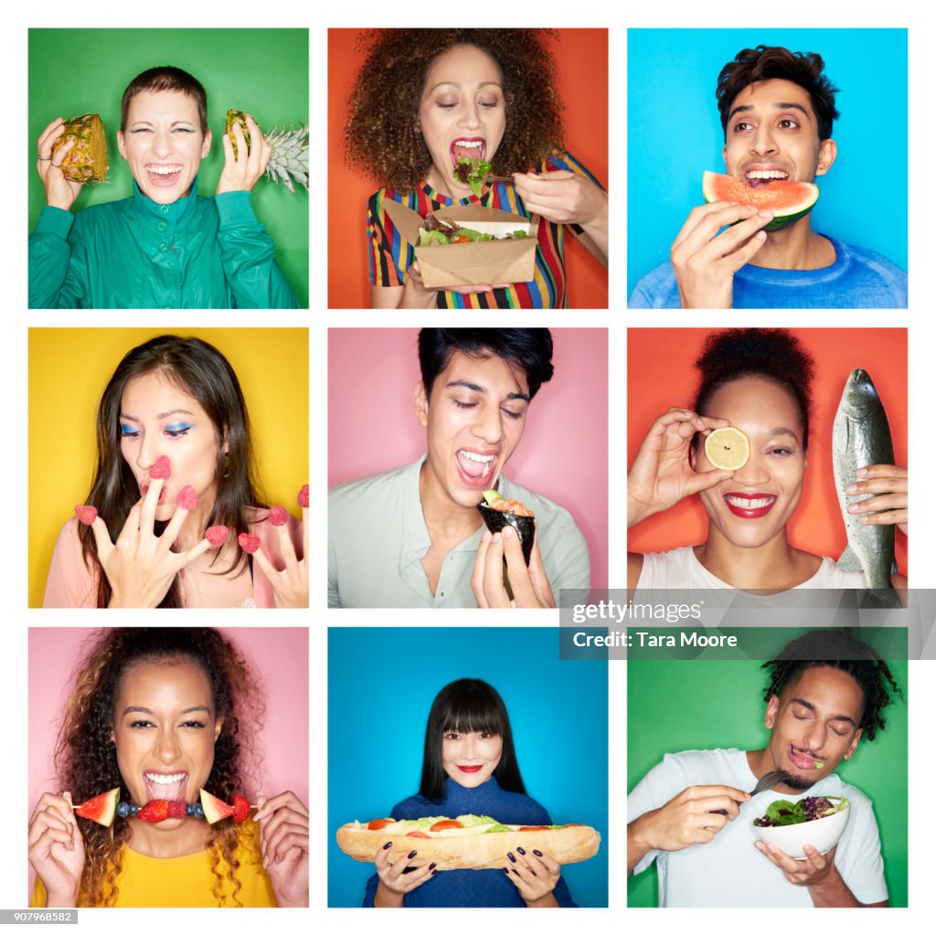 Composite image of people eating healthy food