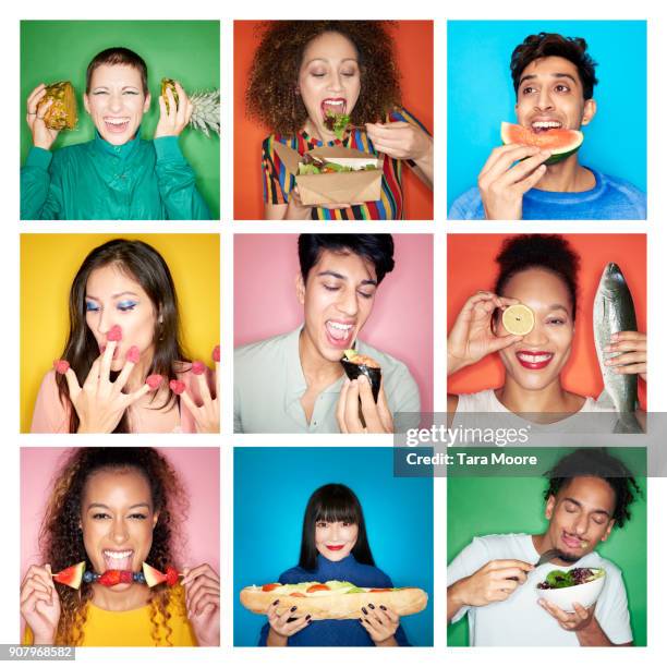 composite image of people eating healthy food - headshot collage stock pictures, royalty-free photos & images