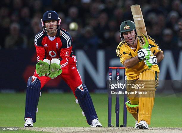 Ricky Ponting of Australia drives the ball as Matt Prior of England keeps wicket during the 5th NatWest One Day International between England and...