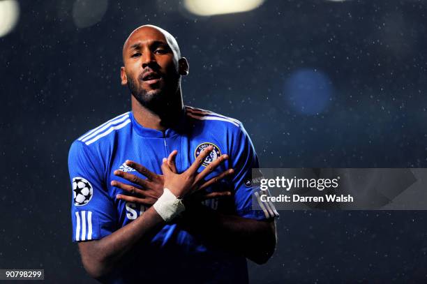 Nicolas Anelka of Chelsea celebrates after scoring the opening goal during the UEFA Champions League Group D match between Chelsea and FC Porto at...