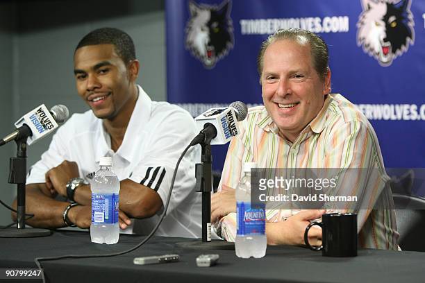 Ramon Sessions is introduced to the media as the newest Minnesota Timberwolves player by David Kahn, President of Basketball Operations at a press...