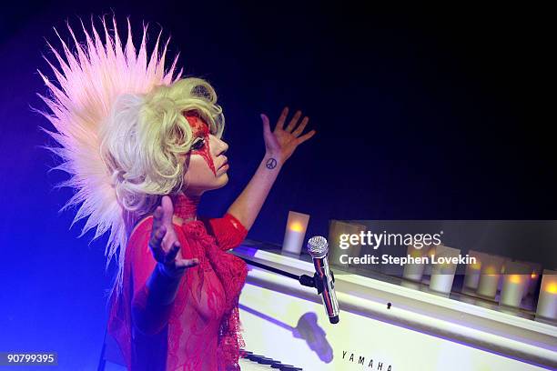 Musician Lady Gaga performs at the Lady Gaga and the launch of V61 hosted by V Magazine, Marc Jacobs and Belvedere Vodka on September 14, 2009 in New...