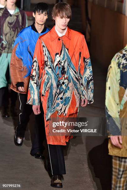 Model walks the runway during the Dries Van Noten Menswear Fall/Winter 2018-2019 show as part of Paris Fashion Week on January 18, 2018 in Paris,...