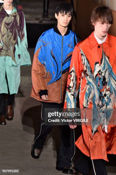 Model walks the runway during the Dries Van Noten Menswear Fall/Winter 2018-2019 show as part of Paris Fashion Week on January 18, 2018 in Paris,...