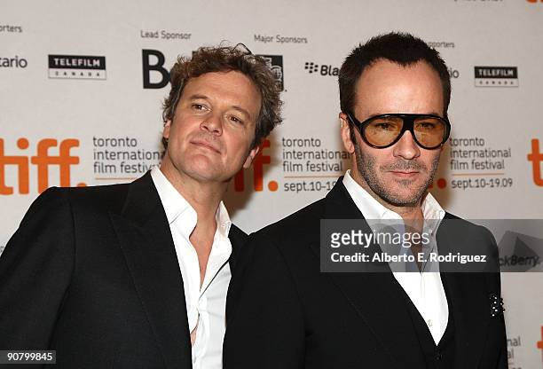 Actor Colin Firth and director Tom Ford pose onstage at the "A Single Man" press conference held at the Four Seasons Hotel on September 15, 2009 in...