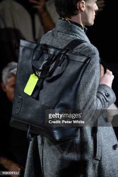 Model, bag detail, walks the runway during the Louis Vuitton Menswear Fall/Winter 2018-2019 show as part of Paris Fashion Week on January 18, 2018 in...