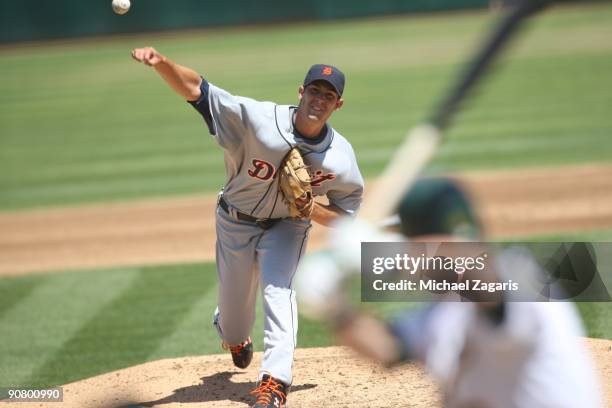 Rick Porcello of the Detroit Tigers pitching during the game against the Oakland Athletics at the Oakland Coliseum in Oakland, California on August...