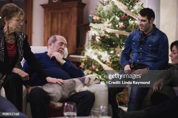 family with a dog at christmas - senior woman stockings stock pictures, royalty-free photos & images