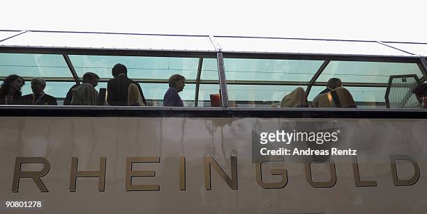 German Chancellor Angela Merkel of the Christian Democratic Union walks during an election campaign rally in the historic 'Rheingold' train on...