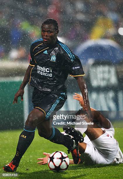 Taye Taiwo of Marseille in action during the UEFA Champions League Group C match between Marseille and AC Milan at the Stade Velodrome on September...