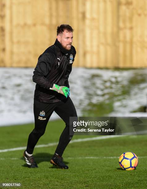 Goalkeeper Rob Elliot kicks the ball into play during the Newcastle United Training session at the Newcastle United Training Centre on January 19 in...