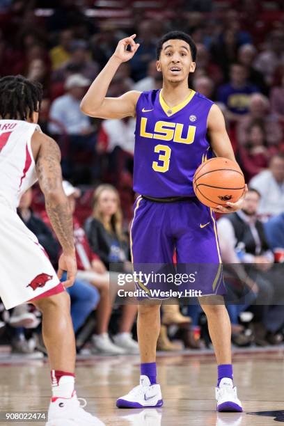 Tremont Waters of the LSU Tigers running the offense during a game against the Arkansas Razorbacks at Bud Walton Arena on January 10, 2018 in...