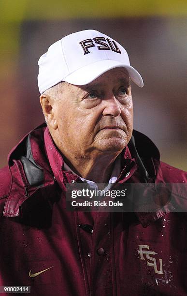 Bobby Bowden, Florida State Seminoles Head Coach, watches as his team during pre game warmup against the Jacksonville State Gamecocks at Doak...