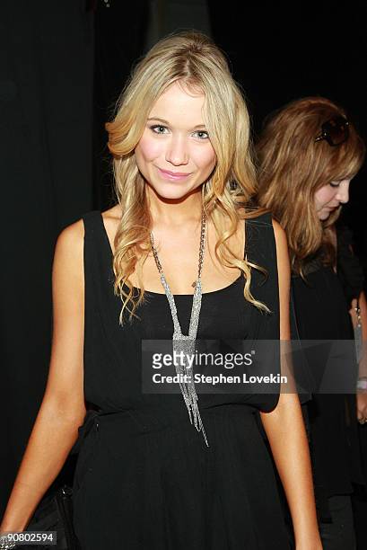 Actress Katrina Bowden poses backstage at the Max Azria Spring 2010 Fashion Show during Mercedes-Benz Fashion Week at Bryant Park on September 15,...