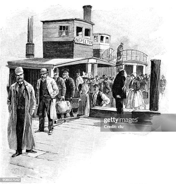 immigrant landings in new york - immigrants crossing sign stock illustrations
