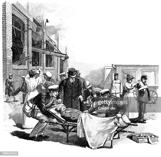 exercises of the berlin accident station: dressing the wounds - med students stock illustrations