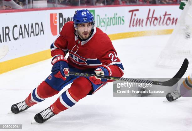 Phillip Danault of the Montreal Canadiens skates for position against the Boston Bruins in the NHL game at the Bell Centre on January 13, 2018 in...