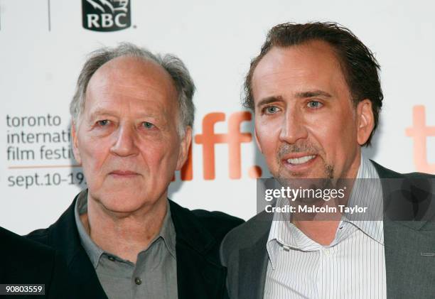 Director Werner Herzog and actor Nicolas Cage arrive at the "Bad Lieutenant: Port Of Call New Orleans" screening held at the Ryerson Theatre on...