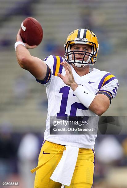 Quarterback Jarrett Lee of the LSU Tigers warms up prior to their game against the Washington Huskies on September 5, 2009 at Husky Stadium in...