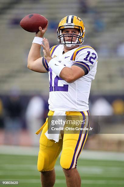Quarterback Jarrett Lee of the LSU Tigers warms up prior to their game against the Washington Huskies on September 5, 2009 at Husky Stadium in...