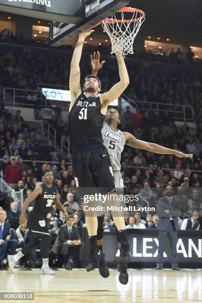 Nate Fowler of the Butler Bulldogs takes a shot during a college basketball game against the Providence Friars at Duncan' Donut Center on January 15,...