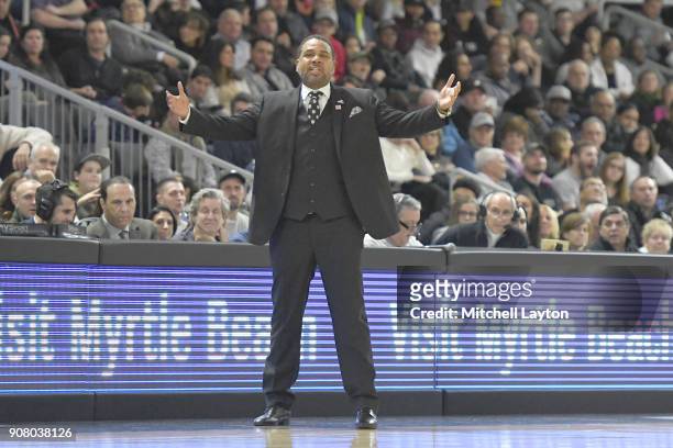 Head coach Ed Cooley of the Providence Friars reacts to a call during a college basketball game against the Butler Bulldogs at Duncan' Donut Center...