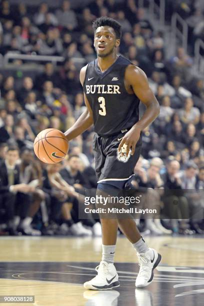 Kamar Baldwin of the Butler Bulldogs dribbles the ball during a college basketball game against the Providence Friars at Duncan' Donut Center on...