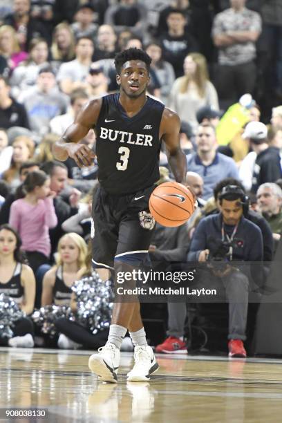 Kamar Baldwin of the Butler Bulldogs dribbles up court during a college basketball game against the Providence Friars at Duncan' Donut Center on...