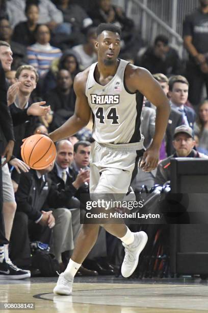 Isaiah Jackson of the Providence Friars dribbles the ball during a college basketball game against the Providence Friars at Duncan' Donut Center on...